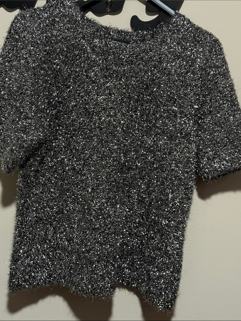 INC International Concepts Metallic Silver Tinsel Knit Top